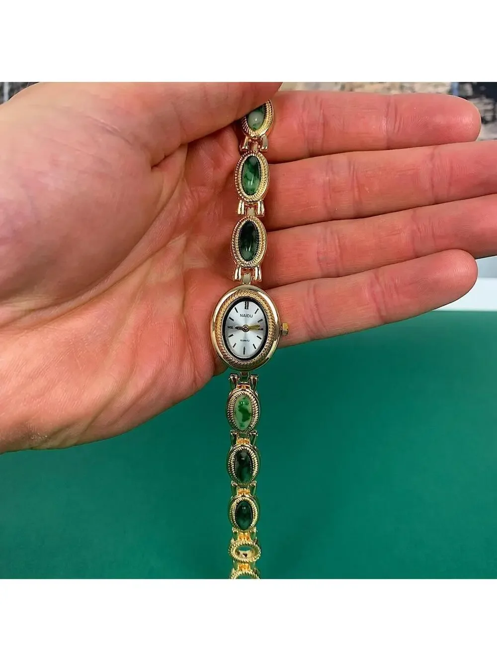 Y2K Gold Green Dainty Quartz Opal Jade Watch 8 Inch Unisex